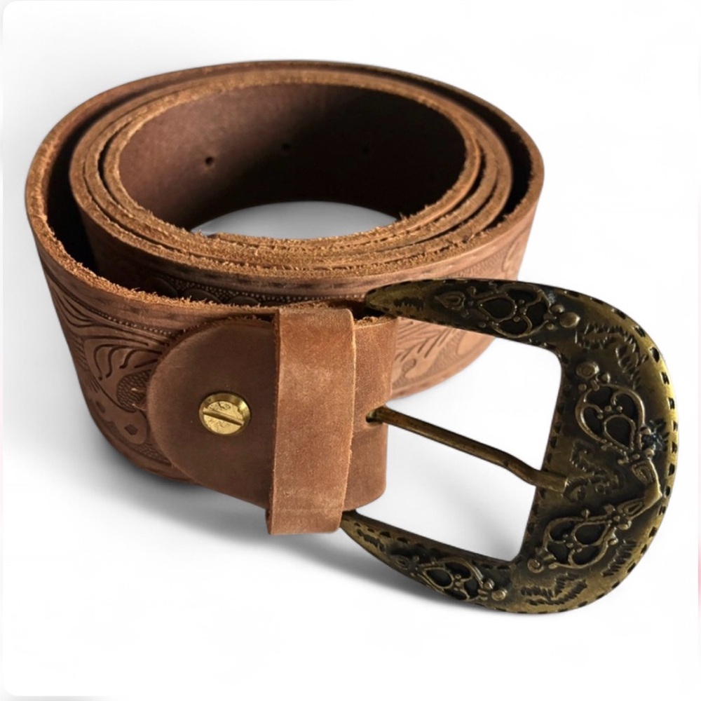 Brown Tooled Leather Belt with Antique Brass Buckle